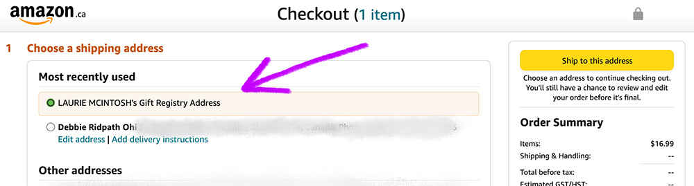 Another screenshot showing how Laurie's address is kept private on Amazon during checkout.