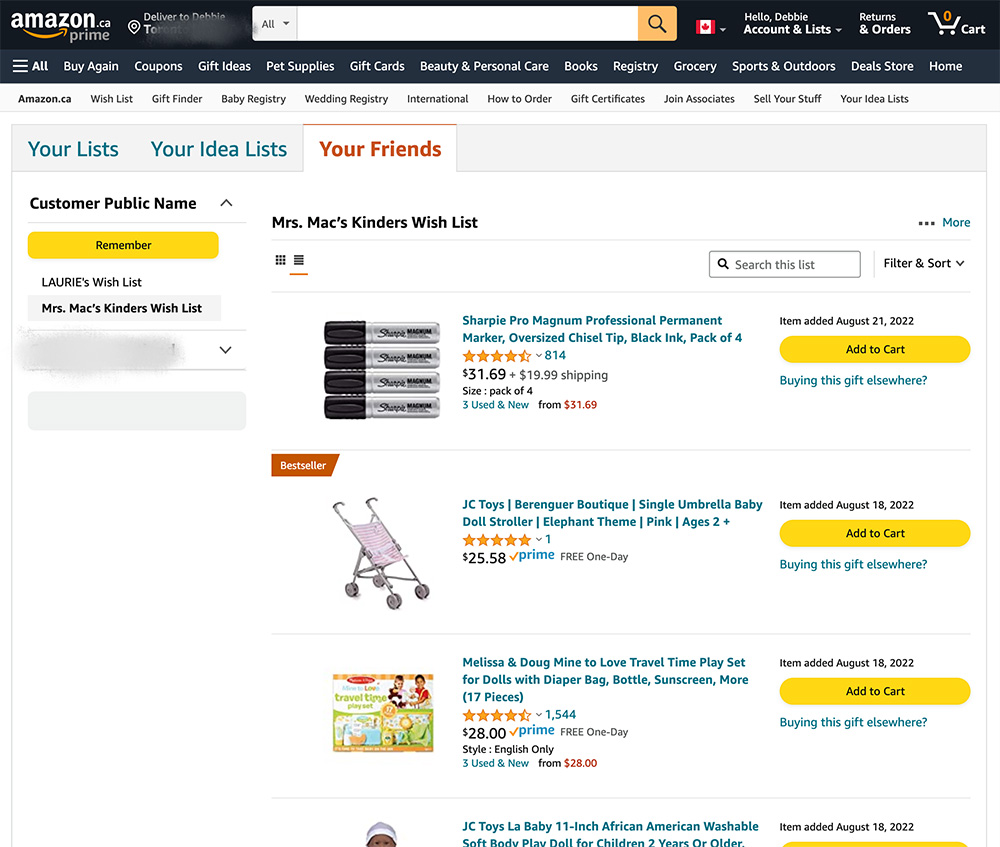 Screenshot from Amazon.ca showing how Laurie's wishlist address is kept private.