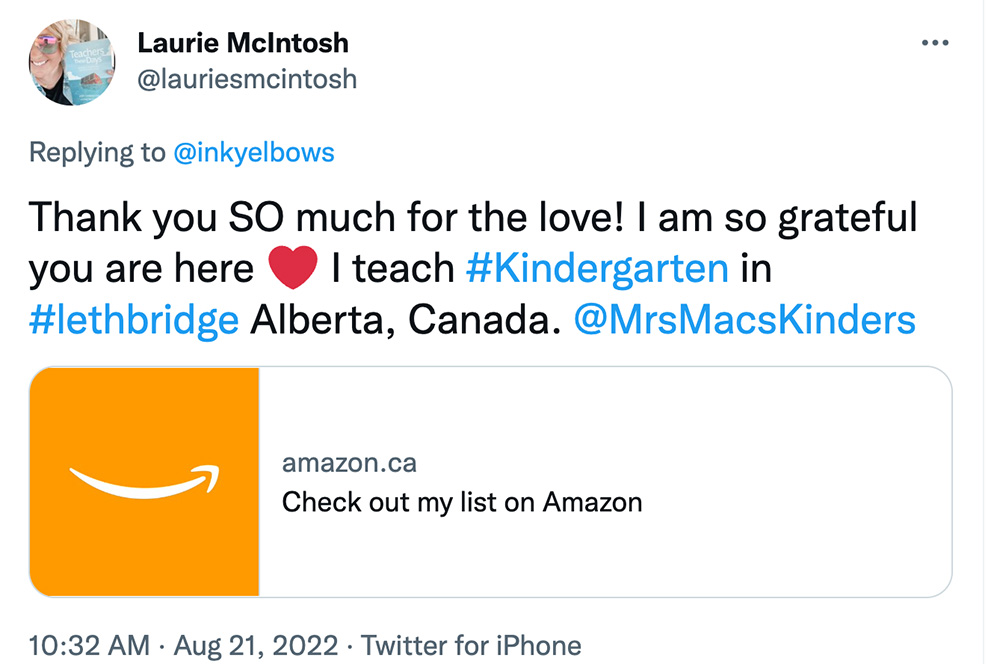 Laurie's tweet about her wishlist.
