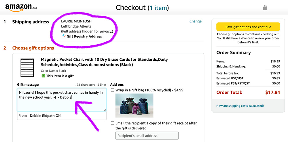 Another screenshot showing how Laurie's address is kept private on Amazon during checkout, and how I can add a note.