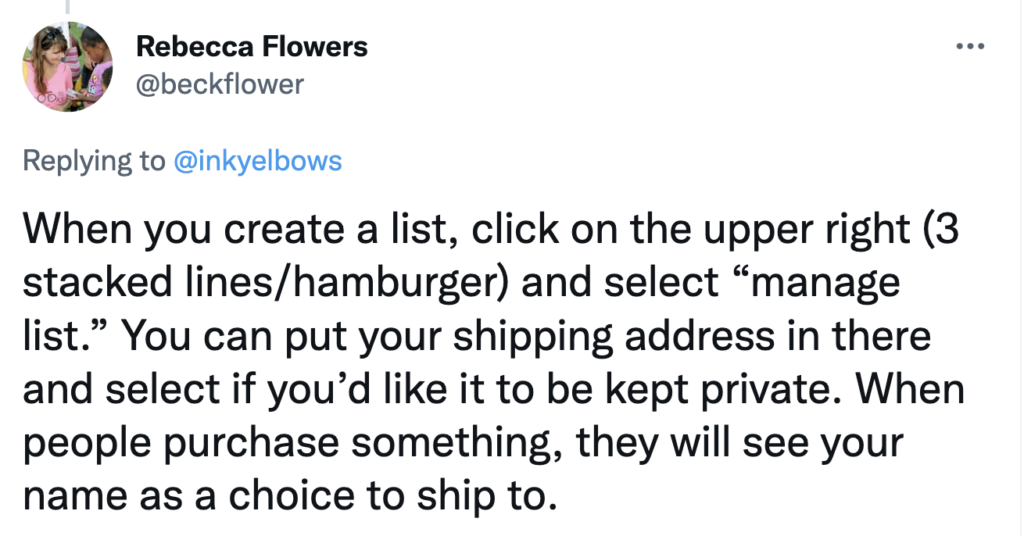 Tweet from Rebecca explaining how to keep your address private. Click on image to read original tweet.
