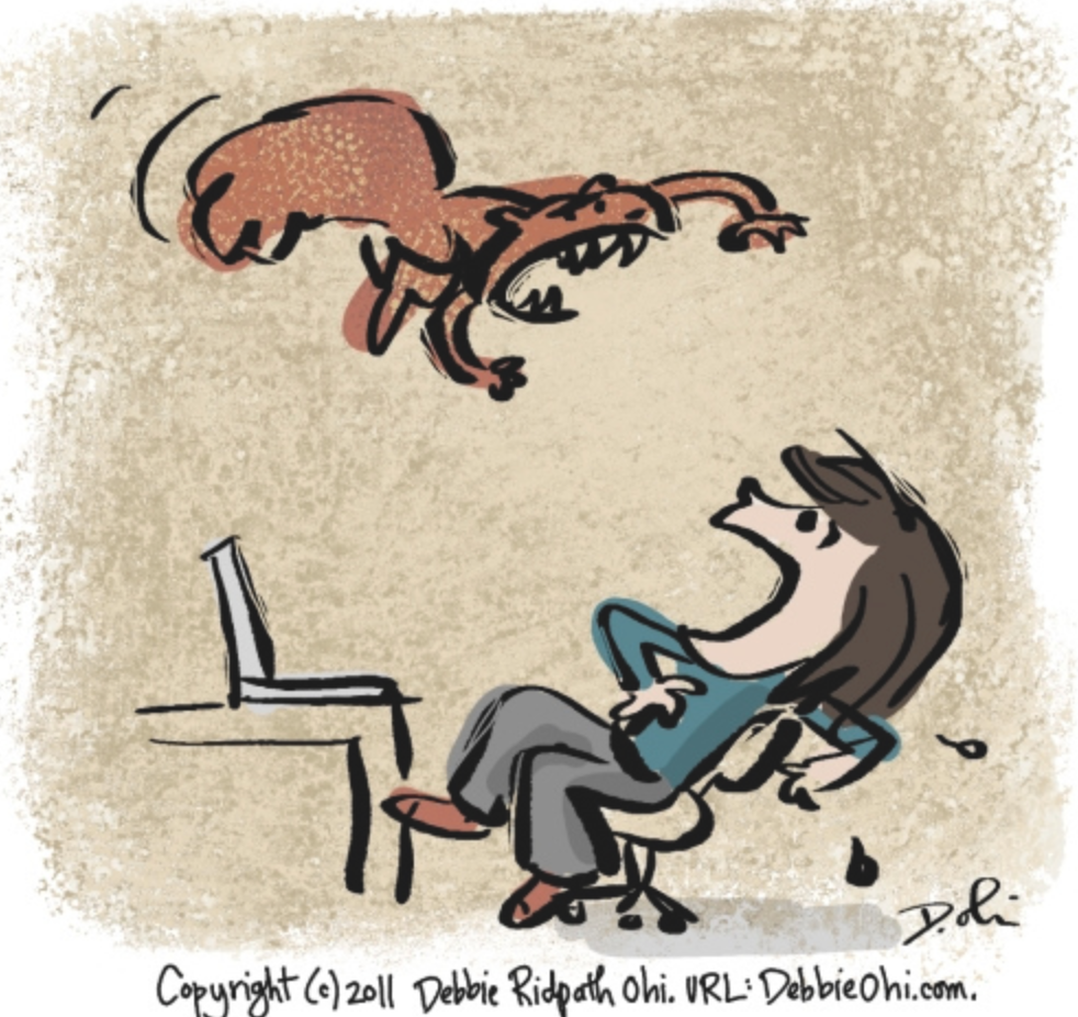Illustration of squirrel jumping on startled figure who is leaning back in terror from her computer screen.