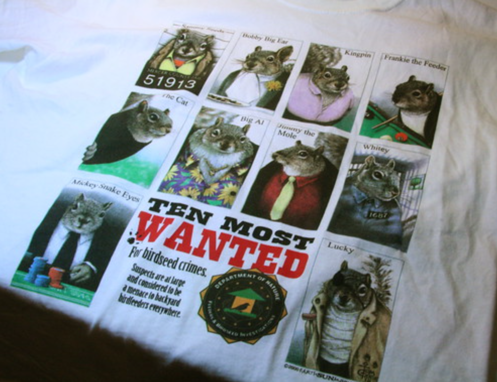Closeup of Ten Most Wanted For Birdseed Crimes t-shirt, each mugshot featuring a squirrel