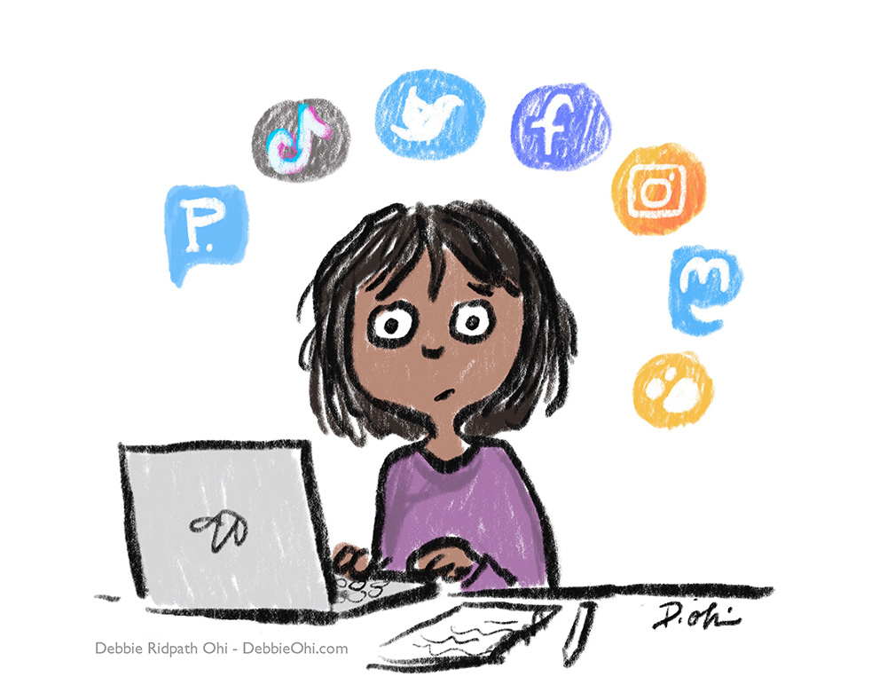 Girl at laptop, looking confused. Above girl's head floats social media icons for Post, TikTok, Twitter, Facebook, Instagram, Mastodon and Hive Social.