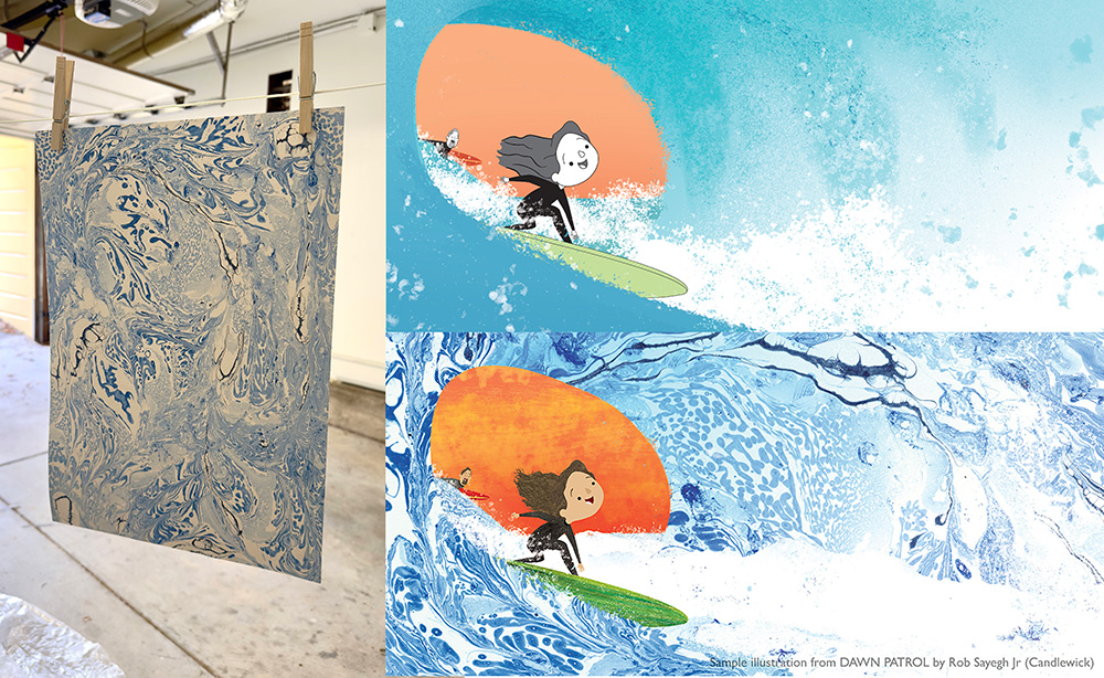 Three-panel collage showing the illustration process for the book Dawn Patrol. Left panel shows a sheet of marbled blue and white paper hanging to dry in a garage. Right panels show two versions of a surfing illustration using this marbled texture: the top version with flat digital color, and the bottom version incorporating the marbled paper texture into the ocean wave.
