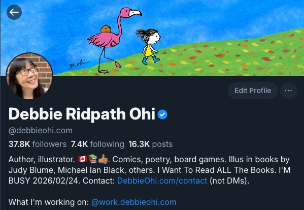 Screenshot of the Bluesky profile of Debbie Ridpath Ohi.