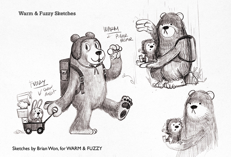Sketch by Brian Won from Warm & Fuzzy, showing adult bear with tiny creature