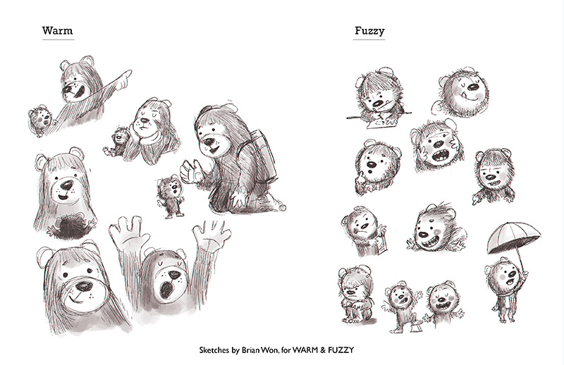 Sketch by Brian Won from Warm & Fuzzy, showing multiple sketches of big furry creature and tiny furry creature in various positions and emotions