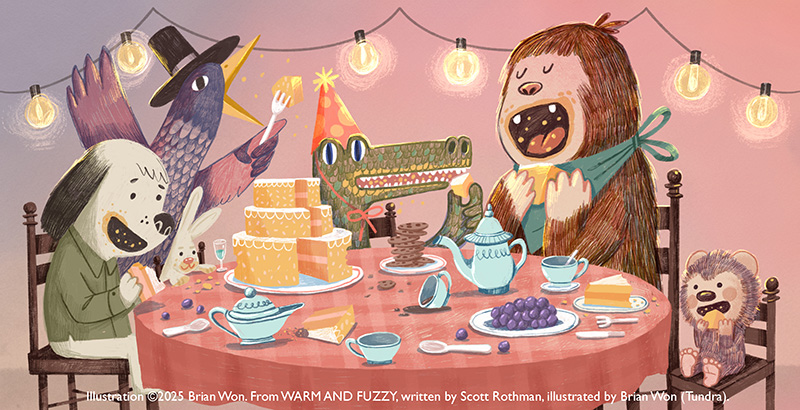Sample illustration by Brian Won from Warm and Fuzzy, showing four creatures happily eating cake around a table, with a party atmosphere.