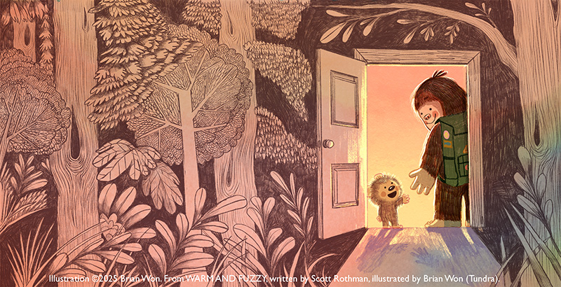 Sample illustration by Brian Won from Warm & Fuzzy, showing a big furry creature and a little furry creature standing in a doorway smiling at each other, sepia ink illustrations of trees and plants in the foreground.