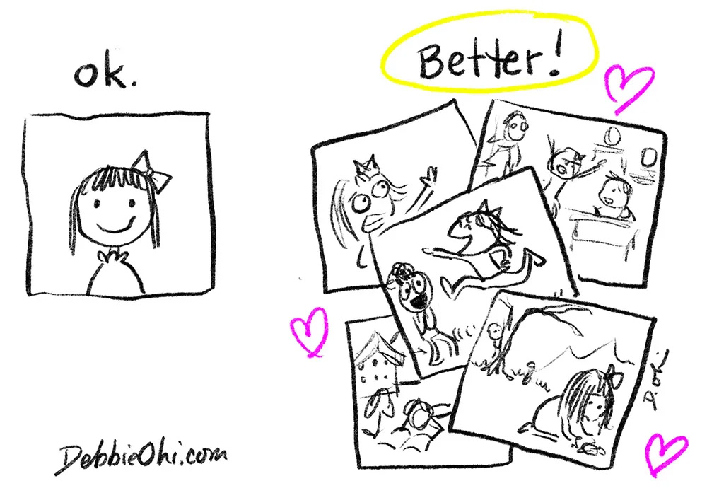 Black-and-white comic-style drawing. On the left is a simple square drawing of a smiling girl labeled “ok.” On the right is a cluster of more dynamic sketches of the same girl in different situations, labeled “Better!” with a yellow highlight. Pink hearts are drawn around the images. Text at the bottom: “DebbieOhi.com.”