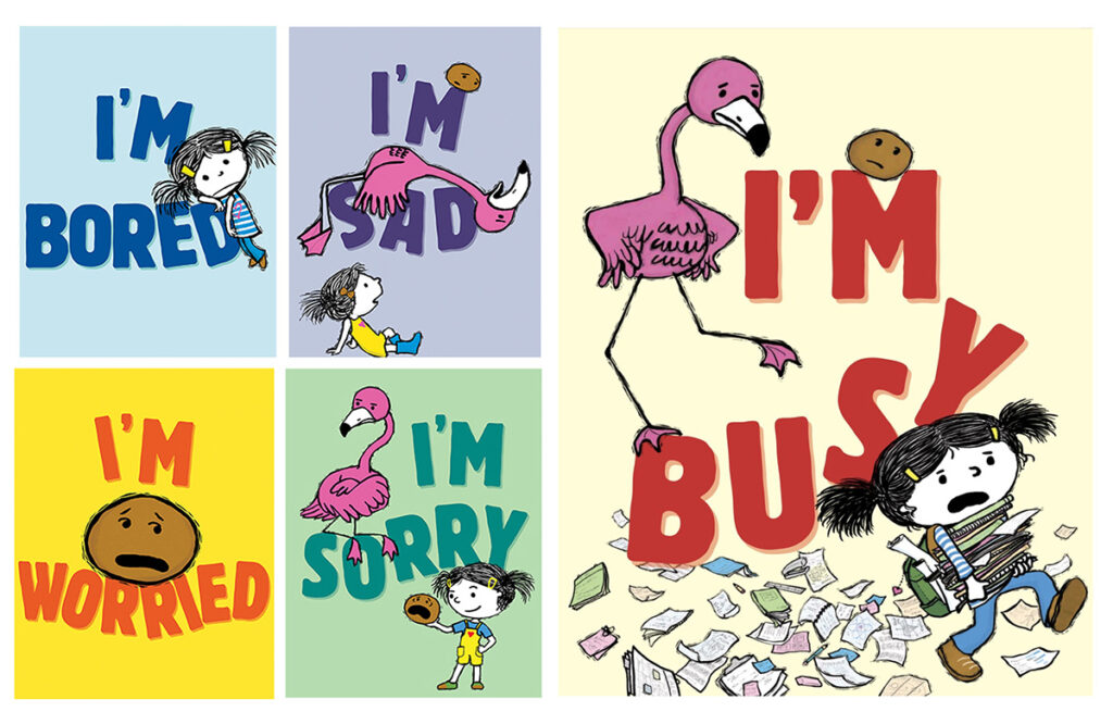 Five book covers: I'm Bored, I'm Sad, I'm Worried, I'm Sorry, with I'm Busy as the largest featured cover.
