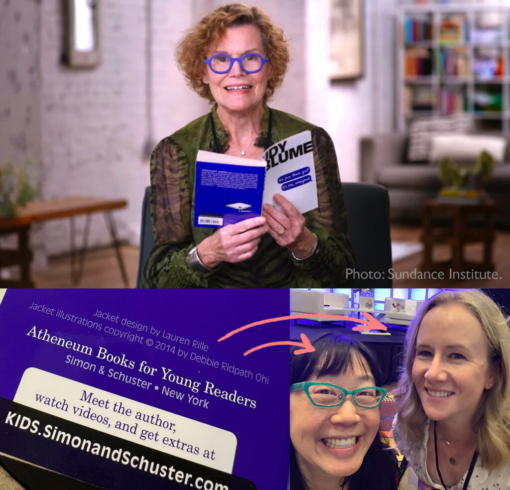 Three-panel collage. Top: Judy Blume  sits indoors holding an open book and looking toward the camera. Judy has curly hair and blue-purple glasses with round frames, and she is holding an open copy of Are You There God, It's Me Margaret, in both hands as she smiles at the camera. Bottom left: close-up of the back of a book jacket with visible text including “Atheneum Books for Young Readers,” “Simon & Schuster · New York,” and jacket design credit to Lauren Rille, jacket illustration by Debbie Ridpath Ohi. Bottom right: two women smiling for a selfie at an indoor event, with arrows drawn above their heads, from the text credits on the back of the book.