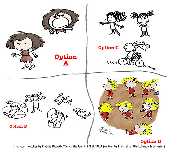 Four choices of character sketches of a little girl for I'm Bored.