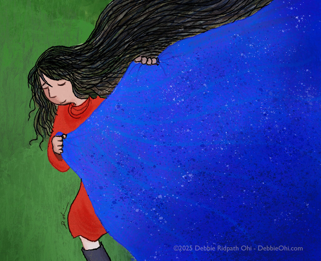 Illustration of a girl in a red dress pulling sideways on a large blue speckled sky, with long dark hair flowing upward against a green background. Art by Debbie Ridpath Ohi.