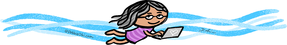 Cartoon illustration of a smiling figure typing on a laptop, horizontal blue wavy lines behind her. Artist: Debbie Ridpath ohi.