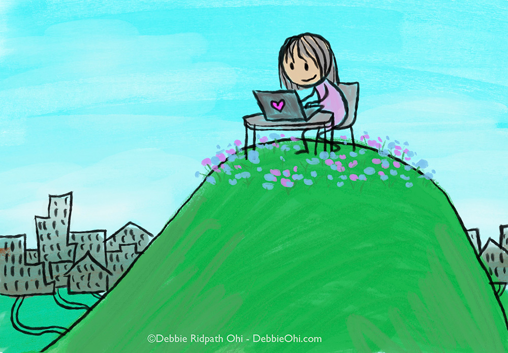 ALT
Illustration of a person sitting at a desk using a laptop on top of a large green hill dotted with flowers, with a city in the background. Copyright Debbie Ridpath Ohi.