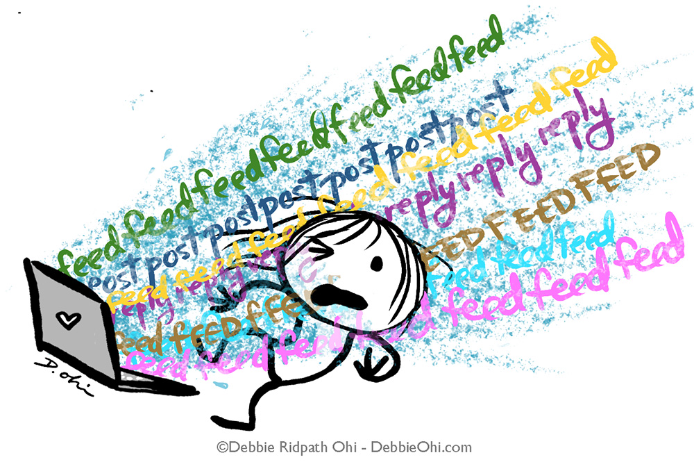 Stick figure with open laptop, with a firehose of colourful words like feed and post and reply shooting out of the laptop screen and overwhelming the stick figure user