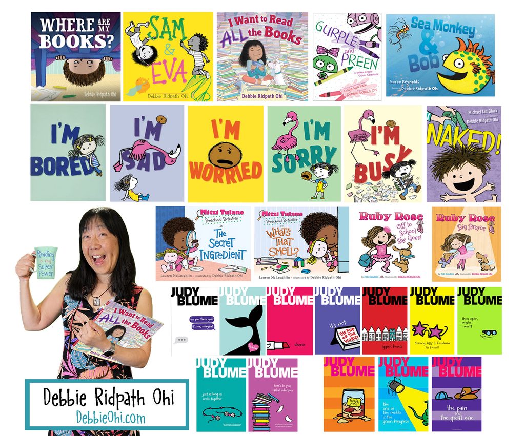 Collage of various picture books and middle grade novels, and smiling figure holding a book and a mug that says "Reading is my superpower." An inset text box says "Debbie Ridpath Ohi - DebbieOhi.com"